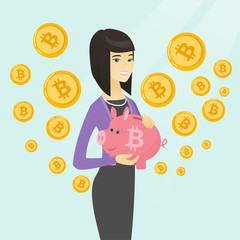 Young caucasian white woman holding a piggy bank with bitcoin symbol. Blockchain network technology, initial coin offering, investment and cryptocurrency saving concept. Vector cartoon illustration.