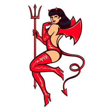 Sexy vintage pinup she devil girl temptress in erotic red latex demon outfit with trident vector illustration