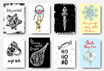 Big set of creative holiday banner templates. Christmas and New Year hand drawn illustrations for card, posters, email and newsletter designs, ads, promotional material. Vector.