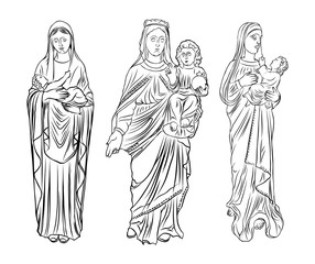 Set of Saint Mary holding baby Jesus. Hand drawn Virgin Mary and Baby Jesus Christ nativity scene. Nativity Christmas graphics design elements. Blackwork adult flesh tattoo concept. Vector.