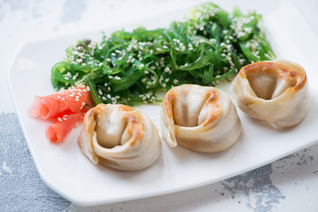 Close-up of pan fried asian dumplings with salmon stuffing served on a white plate with seaweed salad, studio shot
