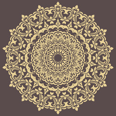 Oriental round golden pattern with arabesques and floral elements. Traditional classic ornament. Vintage pattern with arabesques