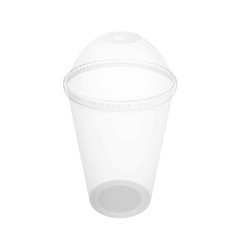 Realistic Transparent Disposable Plastic Cup With Lid. For various drinks, lemonade, fresh, coffee or ice cream. Mock up for brand template. 3d illustration.