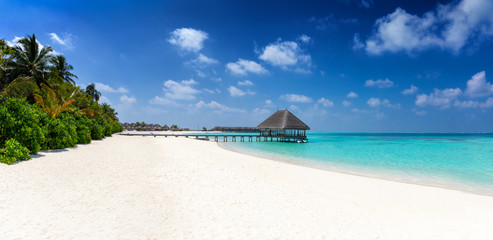 Tropischer Traumstrand der Malediven mit Kokosnusspalmen, türkisem Wasser und feinem Sand