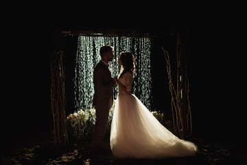 Romantic loving couple newlyweds, wedding against the background of the night sky and rain. the...