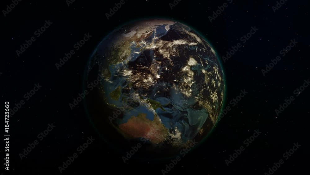 Poster realistic earth rotating in space (loop). on the planet earth is visible the change of day and night