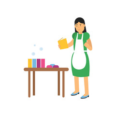 Young woman character in green dress and white apron making homemade soap. Craft hobby or creative profession concept. Flat cartoon illustration