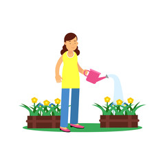 Cute brunette young girl character watering flowers. Gardening and floriculture, people hobby concept. Flat cartoon vector on white.