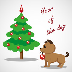 Cute puppy decorates a Christmas tree with red balls. Christmas card, congratulations on the New Year.