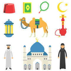 National Muslim cultural symbols. Koran, rosary, lantern, camel, mosque, hookah, fez, Arabian people in traditional clothes. Isolated flat vector icons