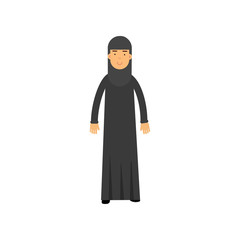 Muslim woman in national Arabic costume. Cartoon female character wearing black dress. Arabic traditional clothing. Flat vector illustration