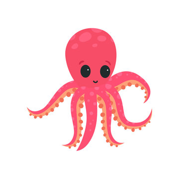 Cartoon pink octopus with big shiny eyes. Soft-bodied mollusk with six tentacles. Marine wildlife. Flat vector design getting card, print or network sticker