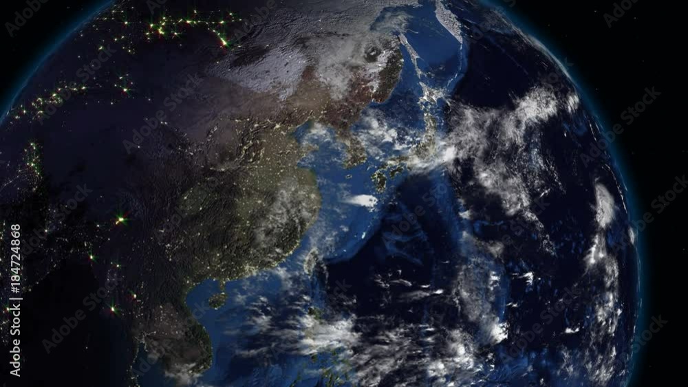 Poster realistic earth rotating in space (loop). on the planet earth is visible the change of day and night