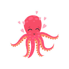 Cute loving octopus surrounded by pink hearts. Funny cartoon character of sea animal. Flat vector design for social network message, logo, card or kids print