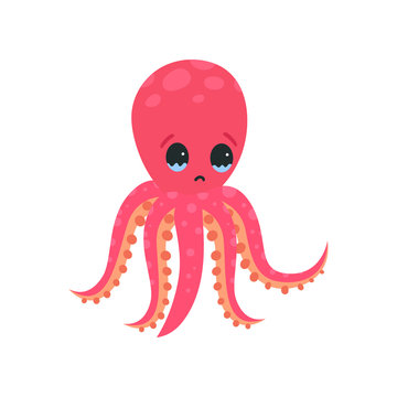 Sad octopus character with tears in his eyes. Invertebrate sea animal concept. Cartoon mollusk with six tentacles. Flat vector design for print, emoji sticker or poster