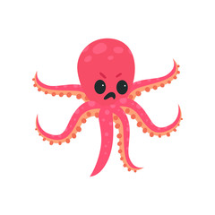 Cartoon octopus character with angry face expression. Marine creature concept. Pink six-tentacled mollusk. Flat vector design for print, emoji sticker or print