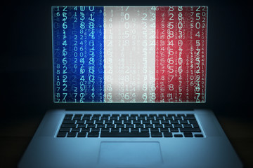 French hacker. Laptop with binary computer code and France flag on the screen. Internet and network...