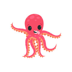 Joyful little octopus having fun and showing his tongue. Cartoon character of marine creature. Flat vector design for social network message, kids print or postcard