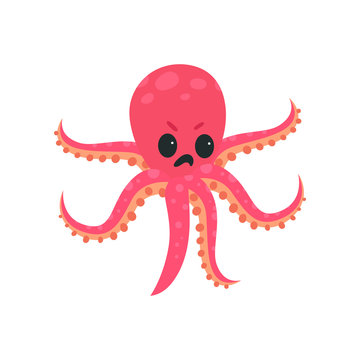 Cartoon octopus character with angry face expression. Marine creature concept. Pink six-tentacled mollusk. Flat vector design for print, emoji sticker or print