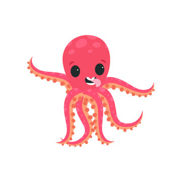 Joyful little octopus having fun and showing his tongue. Cartoon character of marine creature. Flat vector design for social network message, kids print or postcard