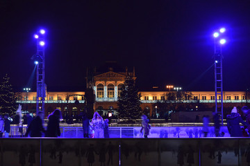 Fototapeta na wymiar Christmas time in Zagreb, Croatia, Central railway station decorated with Christmas light