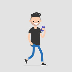 Young walking character using phone. Millennial generation. Technology. Flat editable vector illustration, clip art