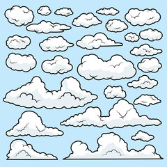 Set of funny cartoon clouds, Clouds  on Blue Sky Background. , Clouds patterns and clouds icons, filling sky scenes or user interface games backgrounds. Vector