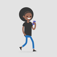 Fototapeta premium Young black female walking character using phone. Millennial generation. Technology. Flat editable vector illustration, clip art