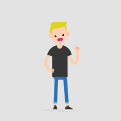 Young pissed off character pointing a finger and yelling at someone / flat editable vector illustration, clip art