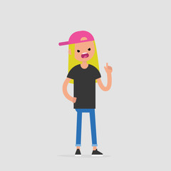 Young pissed off character pointing a finger and yelling at someone / flat editable vector illustration, clip art