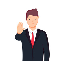 Vector illustration character portrait of businessman, raising hand, palm stretch forwards, body language saying no