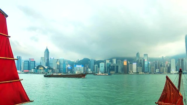 4K Timelapse of Hongkong city and barque