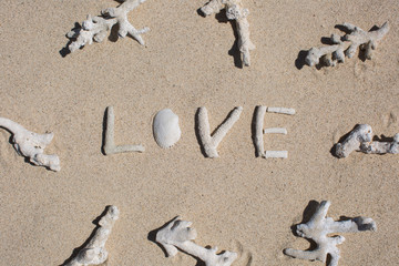 Fototapeta na wymiar word Love from corals on sand of tropical beach