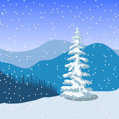 Winter christmas landscape with silhouettes of mountains, snowfall and forest at sunrise.