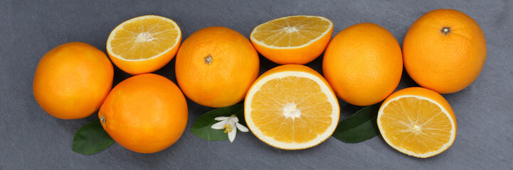 Orangen Orange Frucht Früchte Banner Schieferplatte von oben