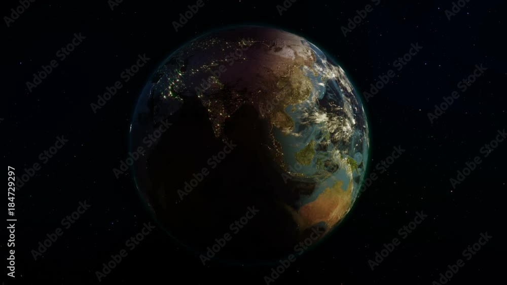 Poster realistic earth rotating in space (loop). on the planet earth is visible the change of day and night