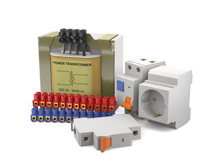 Power transformer, electrical switches, connecting pads (3d illustration).