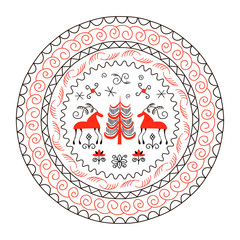 National northen paintings circle frame. Folk handicrafts. Enchanting original ornaments.