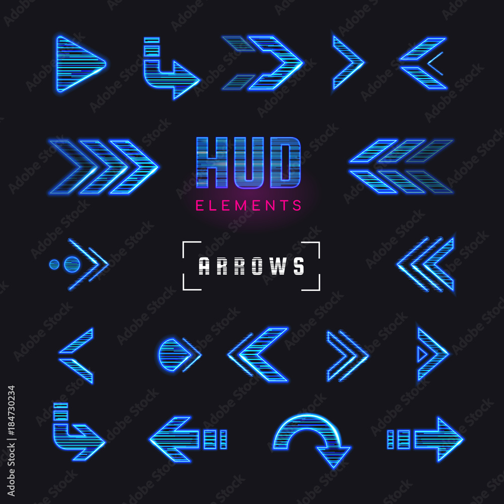 Poster Futuristic interface hud design elements. Set of arrows, pointers, direction. Set of holographic arrows, pointers, direction for infographics. Effect glitch or neon or hologram.Tech and science theme.