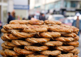 Turkish bagels in Istanbul street. Bagel is simit in Turkish
