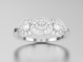3D illustration white gold or silver three stone solitaire engagement ring
