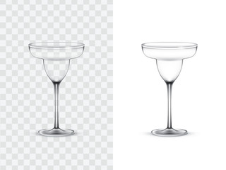 Realistic margarita glasses, vector illustration isolated on white and transparent background. Mock up, template of glassware for cocktail
