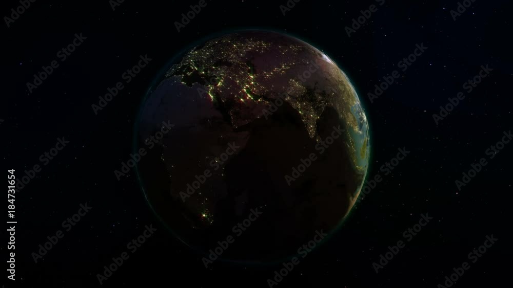Poster realistic earth rotating in space (loop). on the planet earth is visible the change of day and night