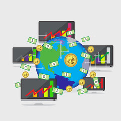 Bitcoin concept and network of connected icons.Business financial network on the World map.  Bitcoin cryptocurrency digital payment system background.Global business connection concept.