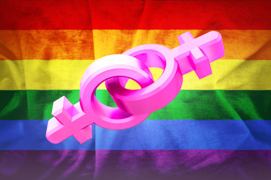 Gender symbols with rainbow pride flag of LGBT organization. Lesbian, gay, bisexual, and transgender flag. Male and female symbols. 3d illustration.