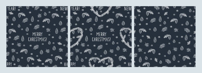 Set of winter seamless patterns with hand drawn hearts, cones, pine spruce, snowflakes for wrapping paper, textile, wallpapers, gift wrap and scrapbook. Christmas, New Year elements. Vector.