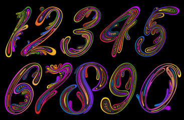 Set of colored numbers from patterns on a dark background