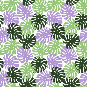 monstera purple, light green and dark green leaves tropical summer paradise pattern on a white background seamless vector