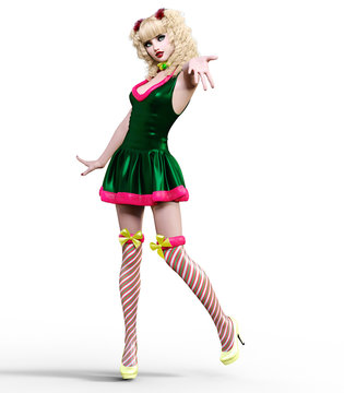 Young beautiful Santa girl with doll face. Short festive dress fur, stockings, shoes. Long blonde hair. Bright make up. Conceptual fashion art. Realistic 3D render illustration. Christmas, New Year.