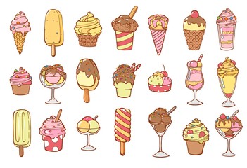 Vector hand drawn illustration of Ice cream cones set in vintage engraved style. isolated on white background.